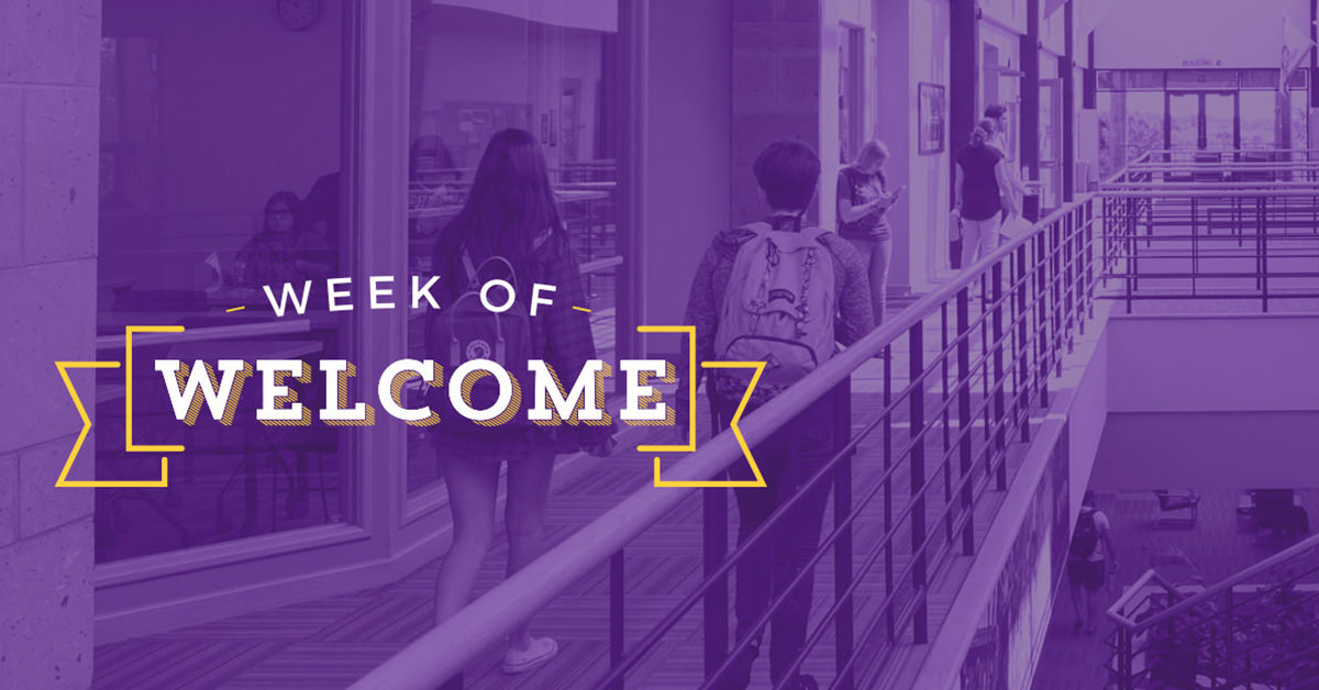 Week of Welcome logo on picture of academic building with classrooms