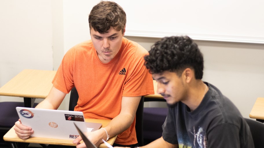 A pair of students working in class
