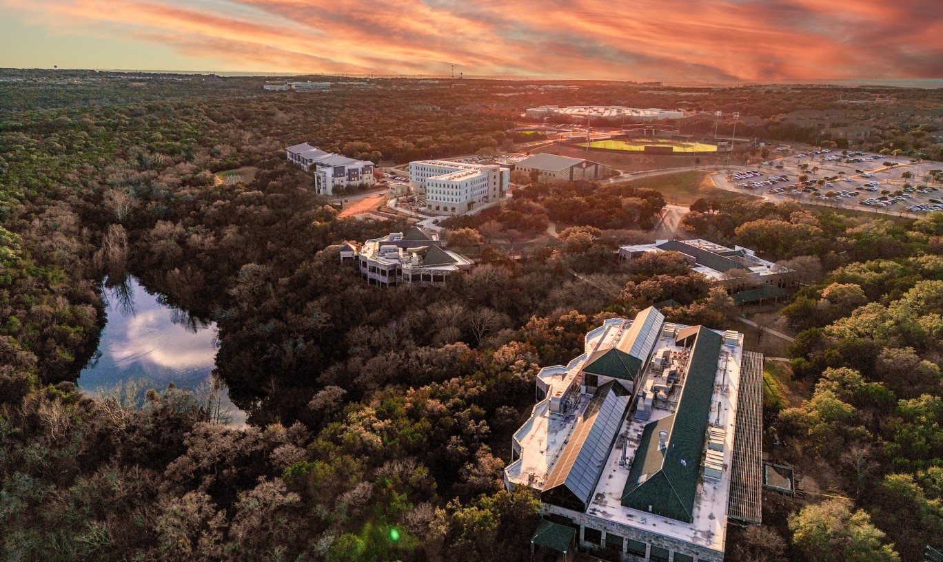 Drone photo of the scenic Concordia Univeristy Texas campus