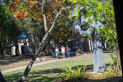 Students walking around campus