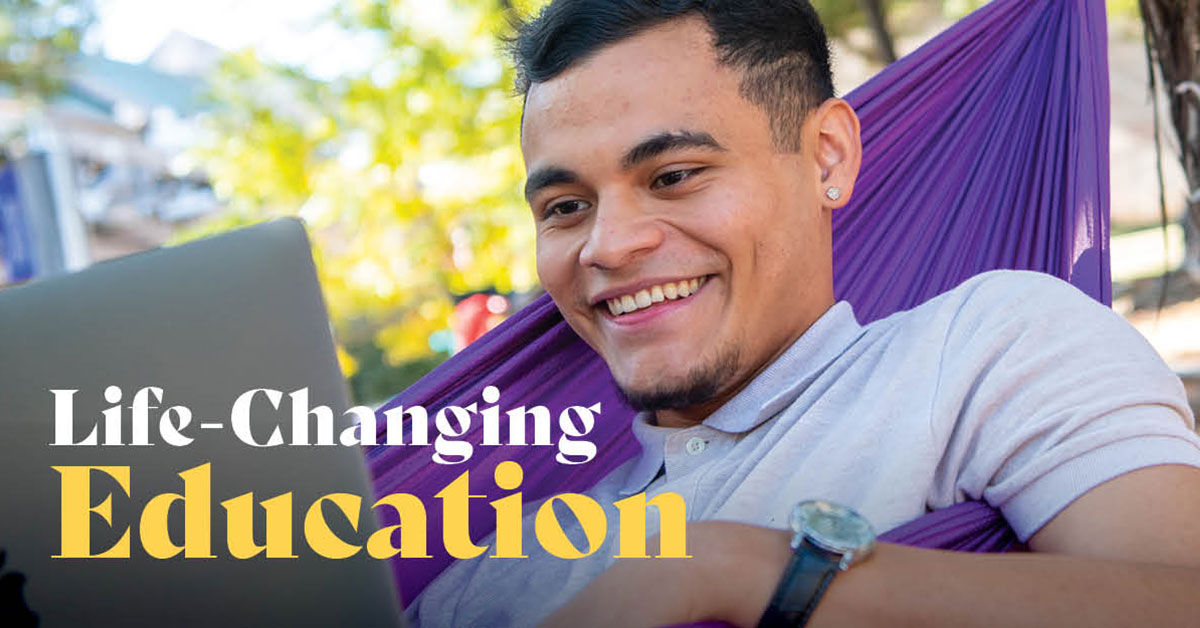 student in hammock on laptop with text Life-Changing Education