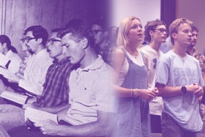 A side by side of people in worship in chapel from 1926 and 2026