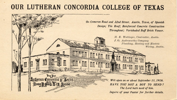 A historic ad from Luteran Concordia College, the current day Concordia University Texas
