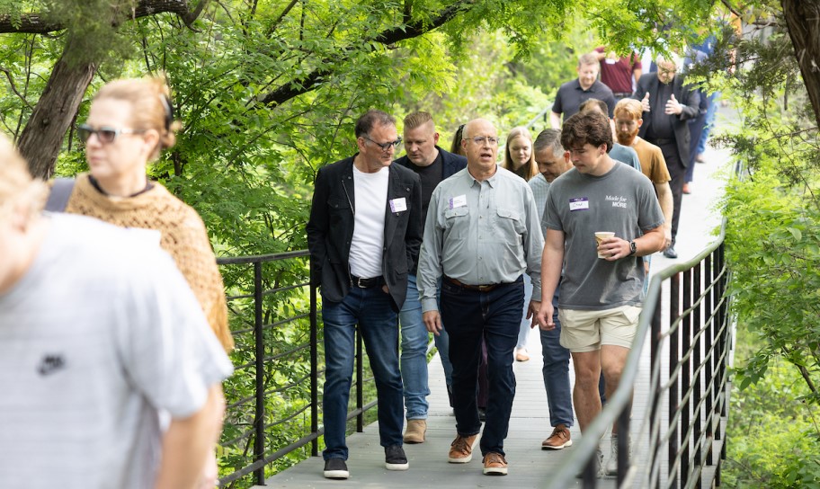 Dr. Christian with a group touring the campus