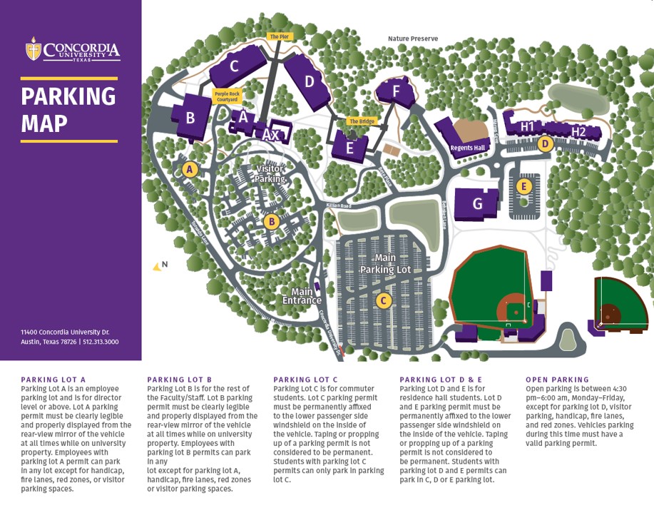 Map of the parking lots for Concordia University Texas